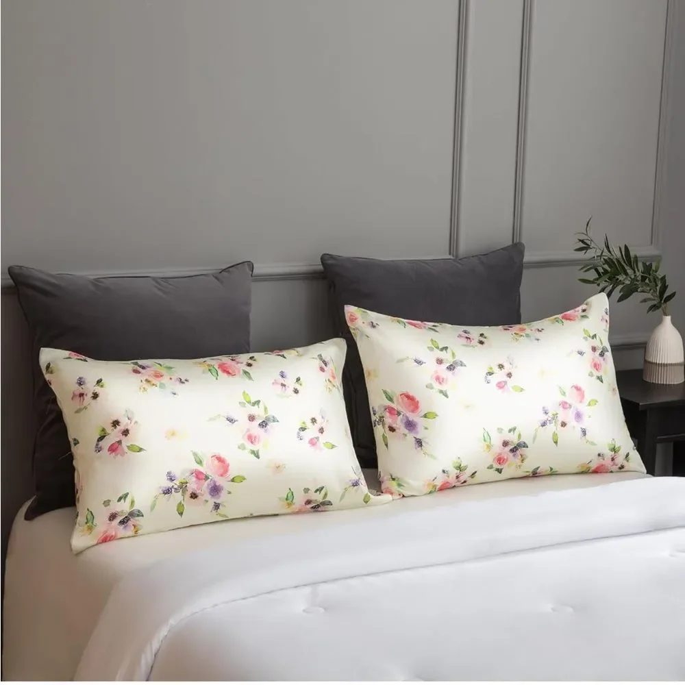 TWO 100% Lyocell NEW 'TELUS' Pillowcases Beige Floral Standard Size Covers